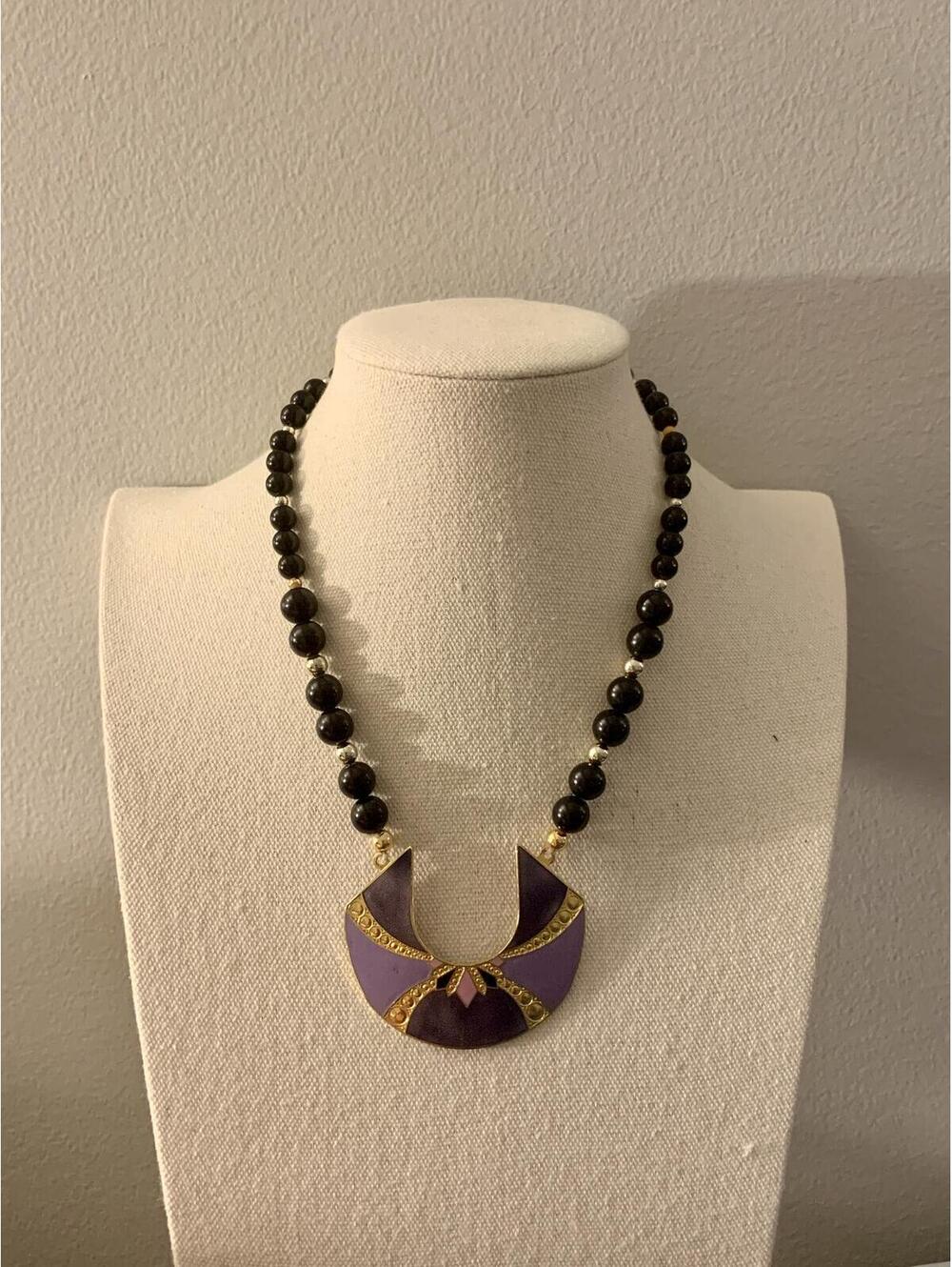 Vintage Cloisonné Purple Crescent Pendant Black Beaded Necklace Retro
